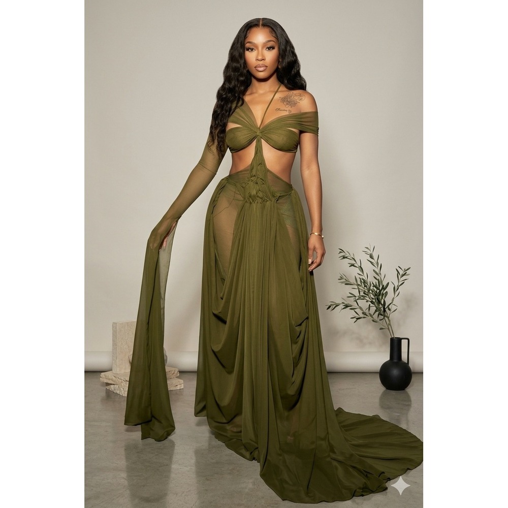 Loragal Olive Green Mesh Cut-Out Halter Maxi Dress Small NWT